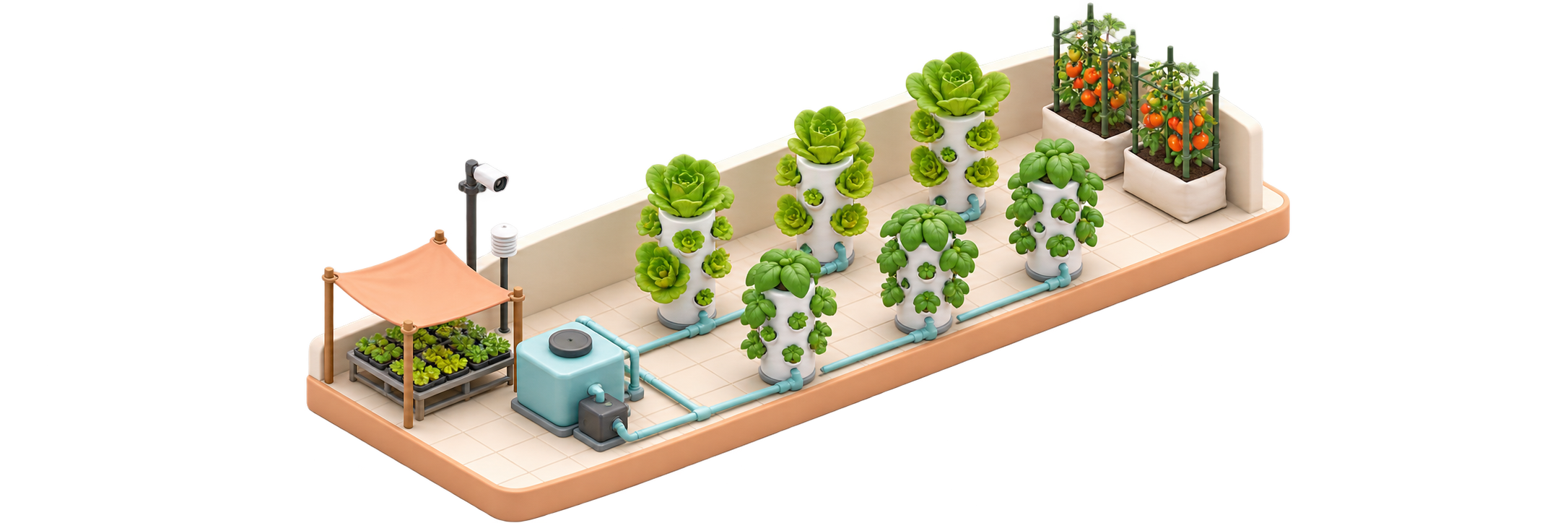Orthographic miniature of six aeroponic towers, nursery, reservoir and tomatoes